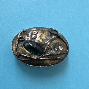 Vintage Silver Brooch with Green Gem Art Deco Handarbeit Made in Germany